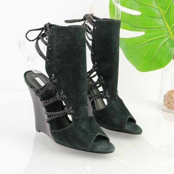 SCHUTZ Womens Camurca Cabra Sandal Size 8 Black Suede Wedge Heel Ankle Wrap Tie - Picture 1 of 11